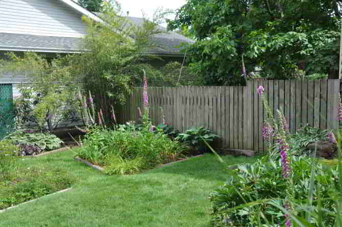 view of bed at southeast corner of front yard, along fences