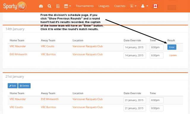 Button for entering match results on divisional schedule page