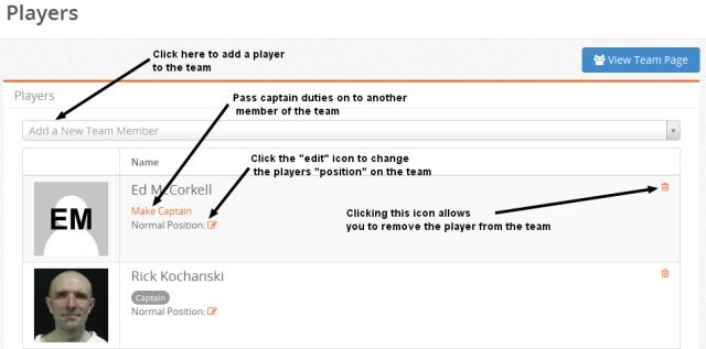 View of an manage players page
