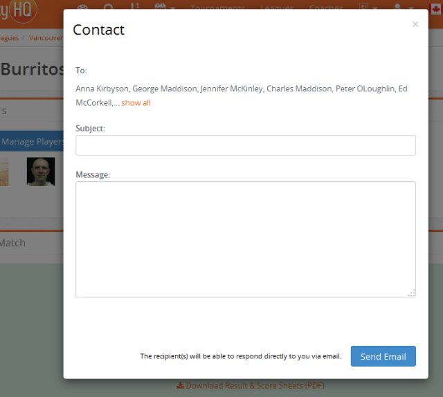 View of form for sending team e-mail