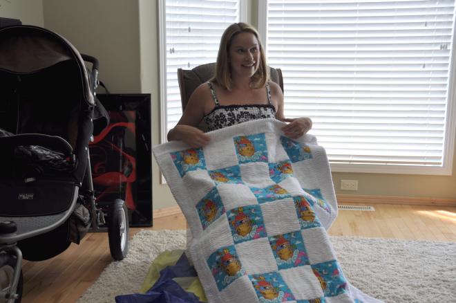 Cathy admires the Easy Chenille Baby Quilt.