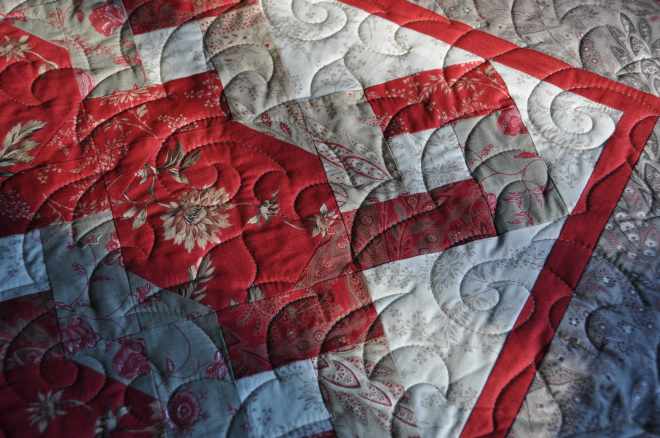 Close up of French Twist quilt from kit purchased at Village Quilts in Lethbridge.